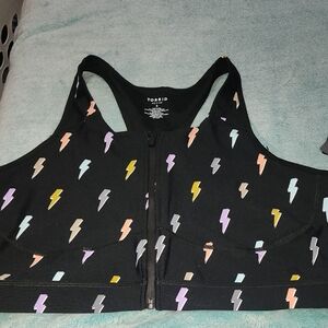 Torrid Black Zip-Front Sports Bra with Multicolor Lightning Bolts